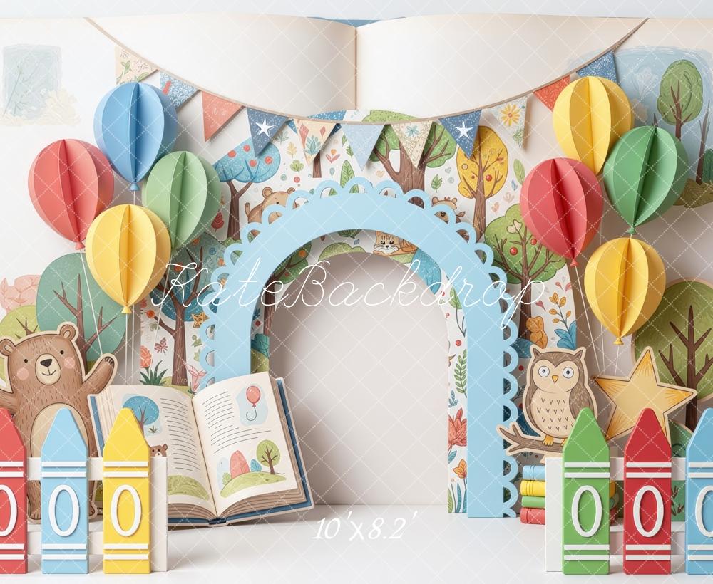 Kate Back to School Crayon Paper Balloons Arch Animals Storybook Printed Backdrop Designed by Mini MakeBelieve