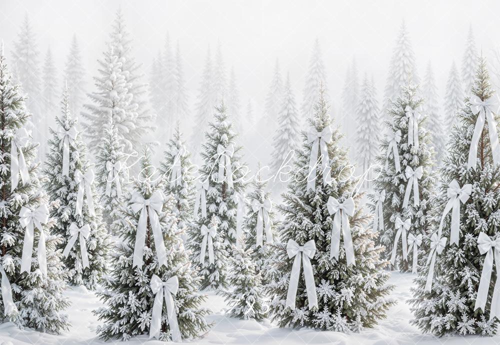 Kate Christmas Snowy Pine Trees White Bows Printed Backdrop Designed by Emetselch