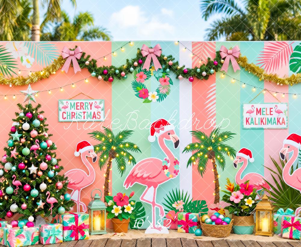 Kate Summer Christmas Flamingo Palm Tree Tropical Printed Backdrop Designed by Patty Roberts