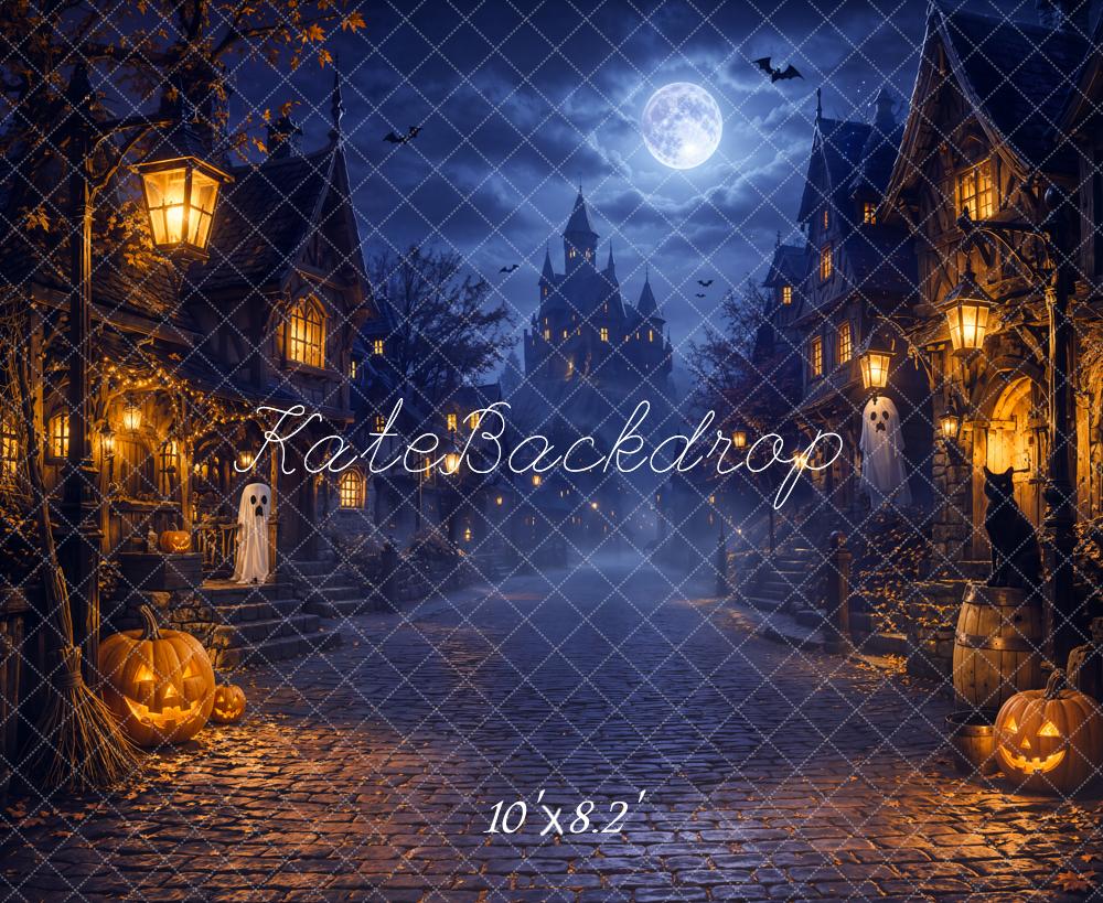 Kate Halloween Night Blue Moonlit Haunted Village Jack-O-Lanterns Printed Backdrop Designed by Chain Photography