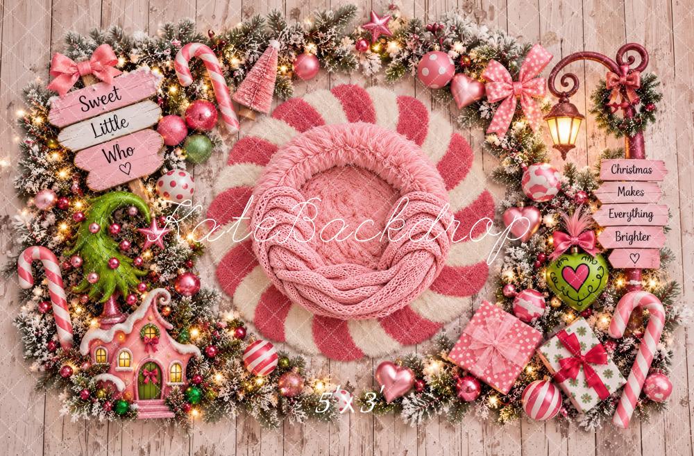 Kate Christmas Newborn Sweet Little Girly Who Pink Candy Cane Printed Backdrop Designed by Laura Bybee