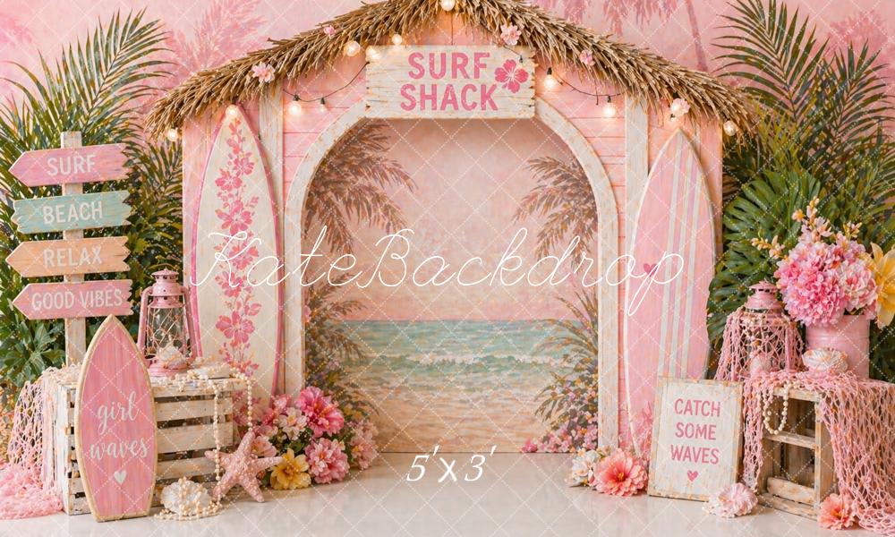 Kate Summer Beach Arch Pink Surfboards Flowers Printed Backdrop Designed by Caitlin Lynch