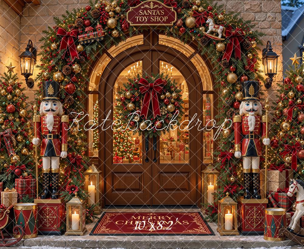 Kate Christmas Toy Shop Doorway Nutcracker Garland Trees Printed Backdrop Designed by Shutter Swan Studios