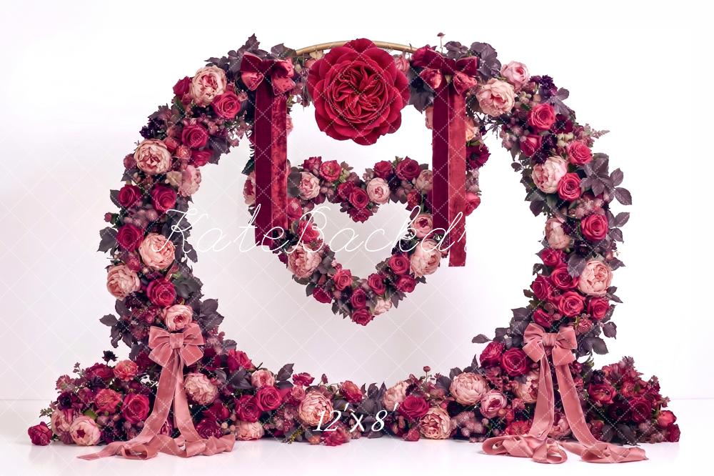 Kate Valentines Arch Burgundy Rose Flower Heart Printed Backdrop Designed by Angela Miller