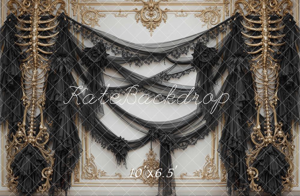 Kate Halloween Black Gothic Drapery Bone Wall Printed Backdrop Designed by Mini MakeBelieve