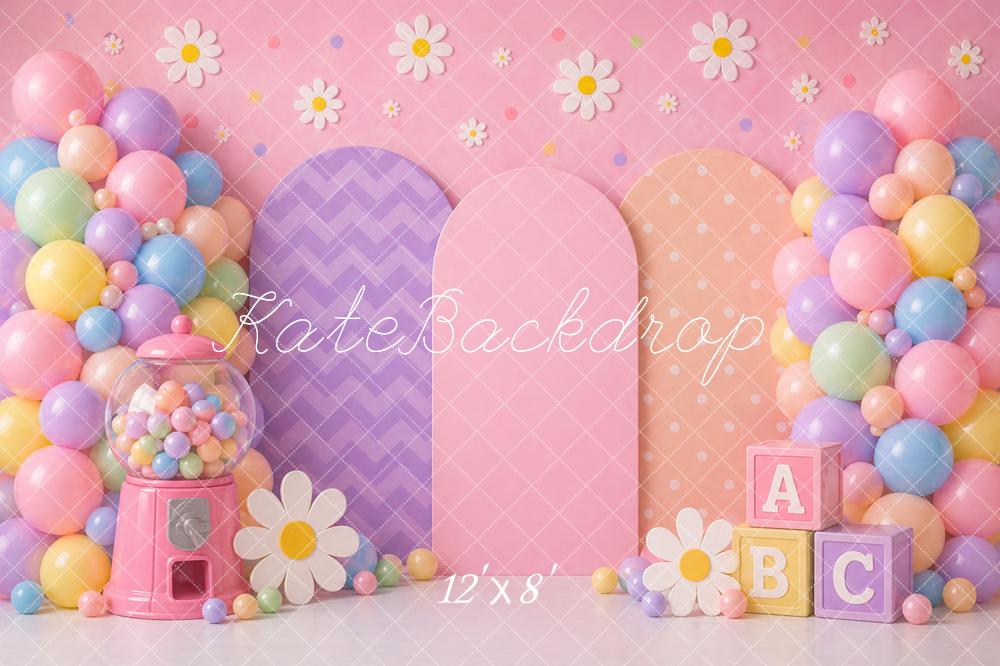 Kate Birthday Kids Balloons Bubblegum Machine Daisy Flowers ABC Blocks Printed Backdrop Designed by Caitlin Lynch