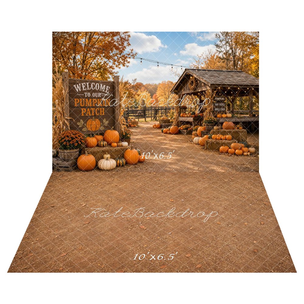 Kate Fall Pumpkin Patch Barn Sign Printed Backdrop+Brown Rustic Dirt Texture Printed Floor Backdrop