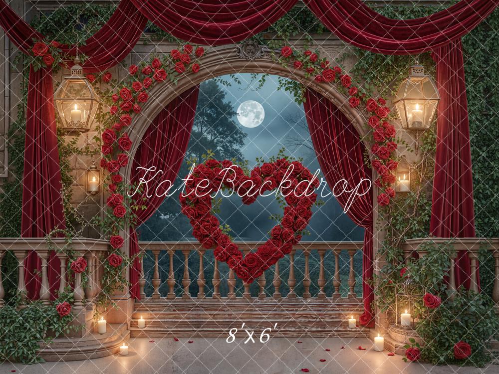 Kate Valentine's Day Red Roses Heart Arch Balcony Moonlight Backdrop Designed by Emetselch