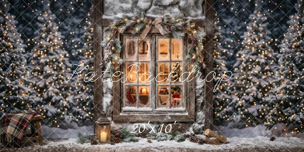 Kate Christmas Evening Snowy Window Garland Lantern Printed Backdrop Designed by Happy Squirrel Design