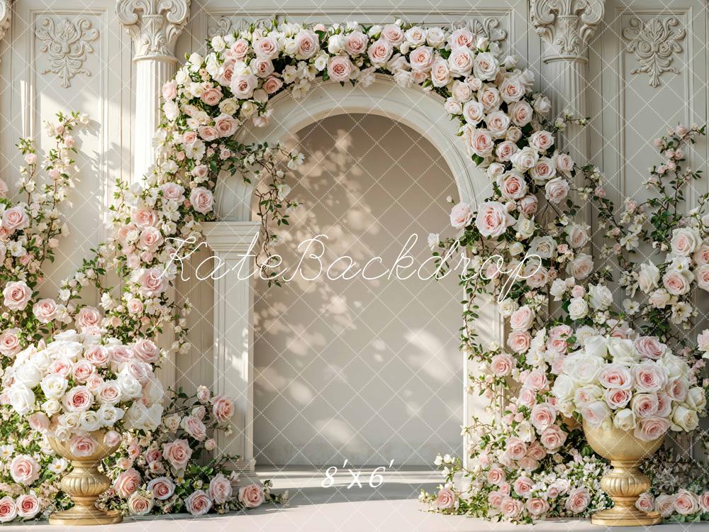 Kate Spring Flower Arch Pink White Roses Ornate Columns Printed Backdrop Designed by Mini MakeBelieve