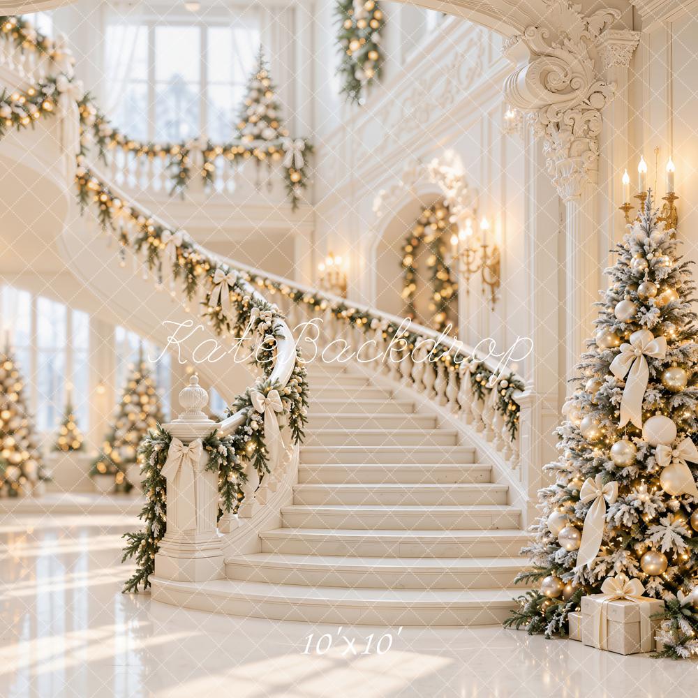 Kate Christmas Trees White Grand Staircase Garland Luxury Printed Backdrop Designed by Emetselch
