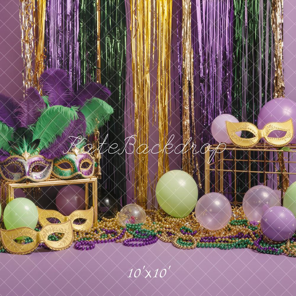 Kate Mardi Gras Masks Balloons Beads Tinsel Backdrop Designed by Emetselch