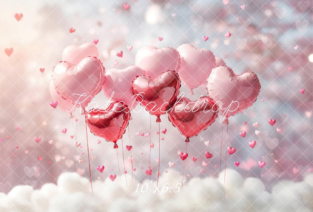 Kate Valentines Pink Heart Balloons Clouds Printed Backdrop Designed by Emetselch