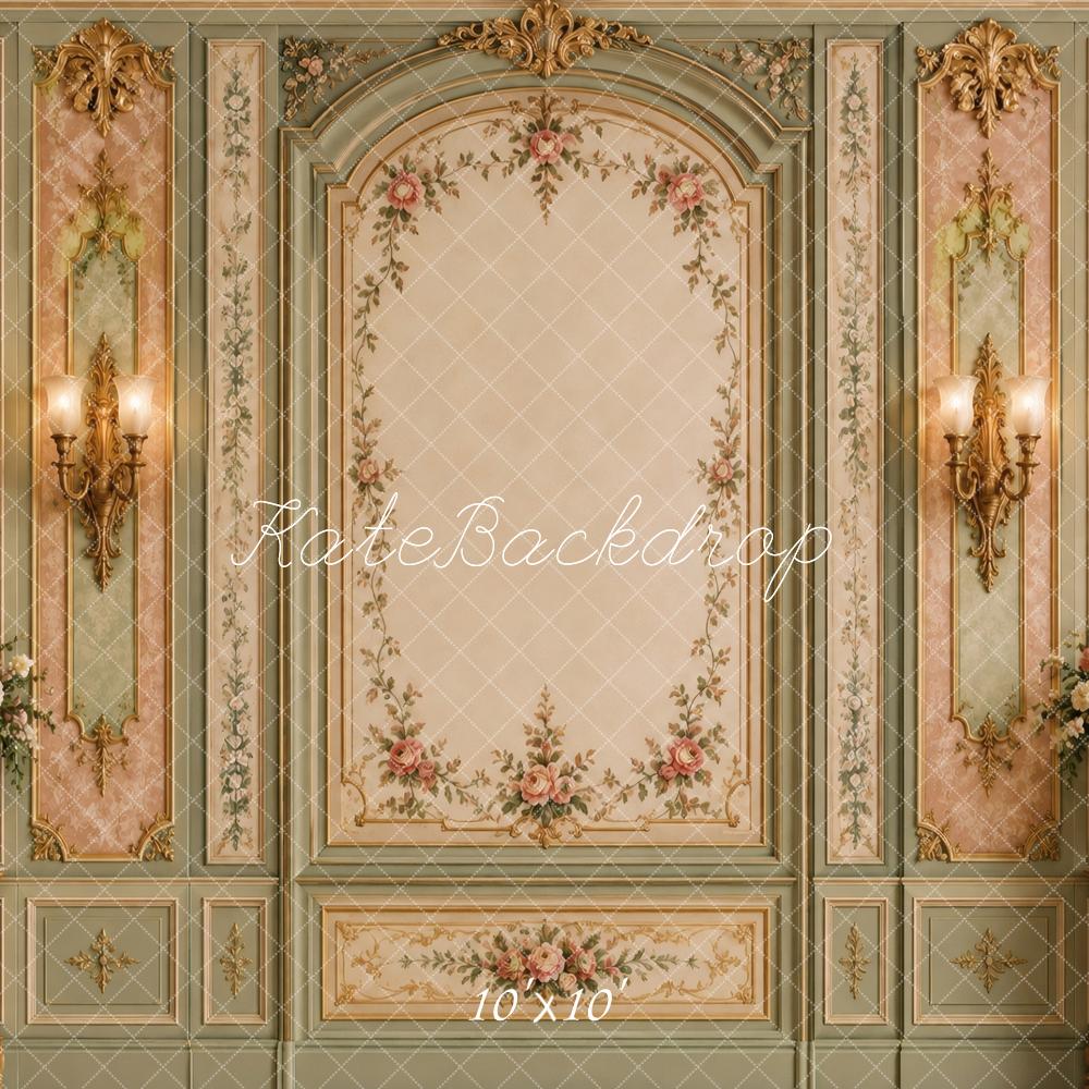 Kate Rococo Vintage Wall Floral Panels Arch Sconces Printed Backdrop Designed by Vertigo Productions