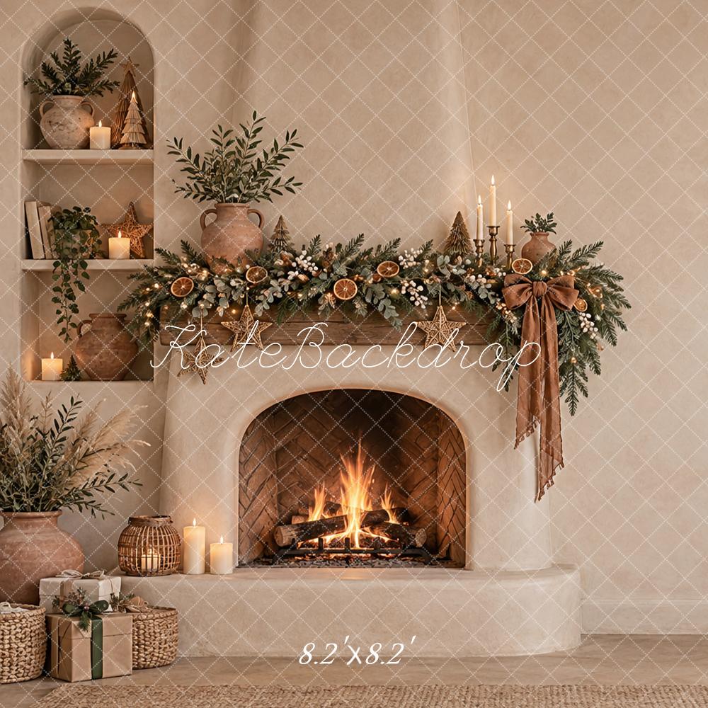Kate Christmas Boho Beige Fireplace Garland Neutral Mantel Printed Backdrop Designed by Vertigo Productions