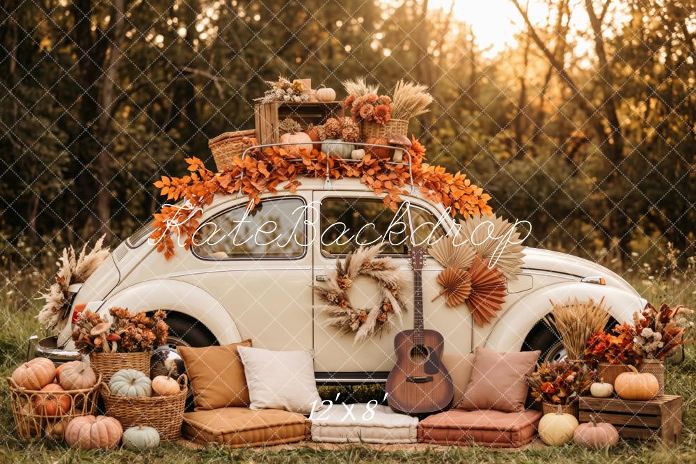 Kate Fall Woodland Vintage Car Pumpkins Guitar Maple Leaves Cozy Printed Backdrop Designed by Patty Roberts