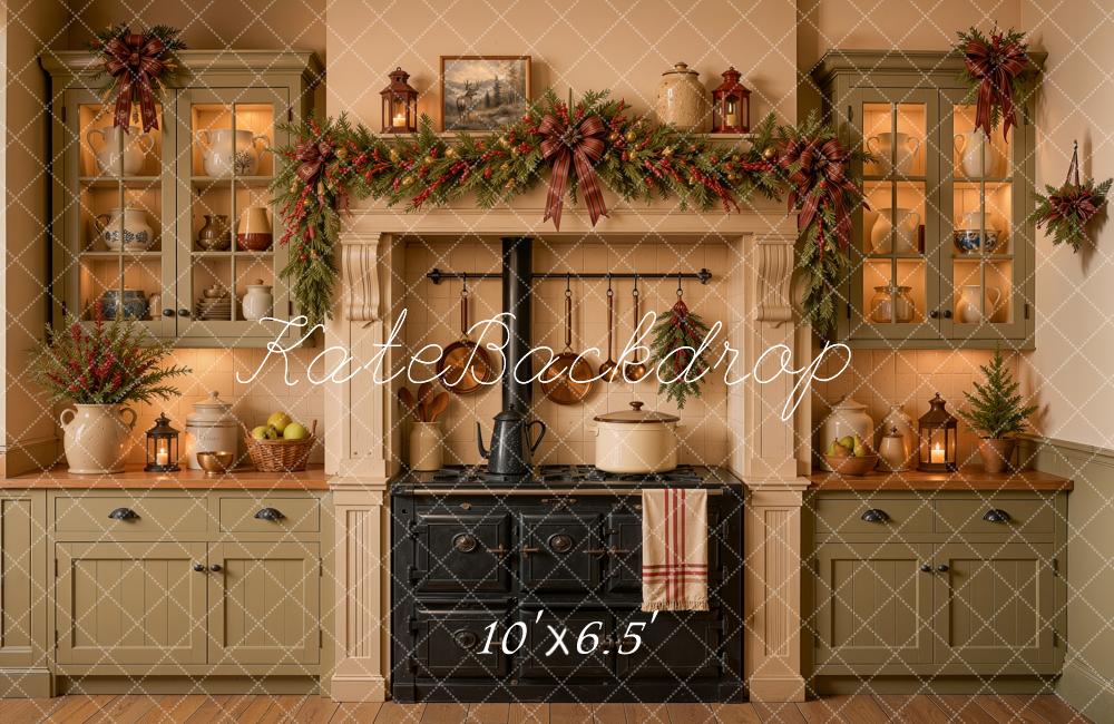 Kate Christmas Rustic Green Kitchen Stove Garland Printed Backdrop Designed by Ashley Ward