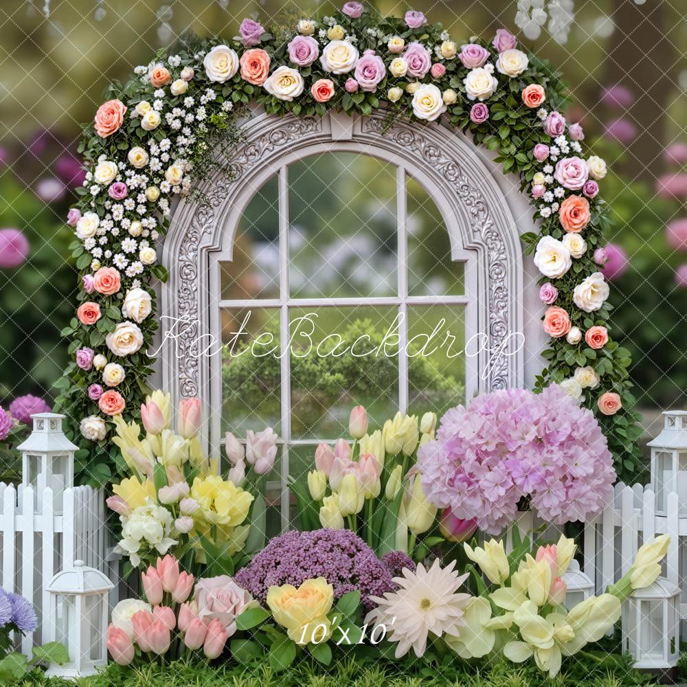 Kate Spring Flower Arch Window Garden White Fence Lanterns Printed Backdrop Designed by Mini MakeBelieve