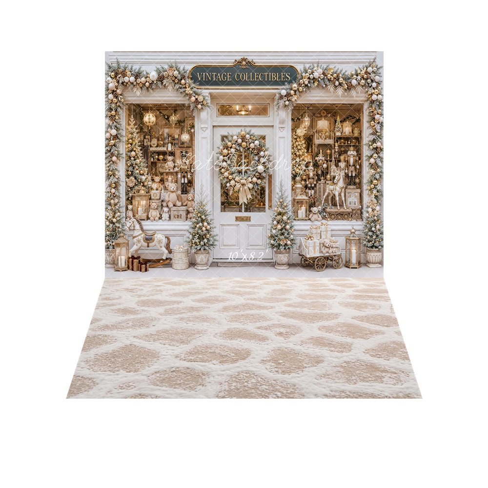 Kate Christmas Vintage Collectibles Nutcracker Storefront Printed Backdrop+Beige Cobblestone Snowy Floor Printed Backdrop