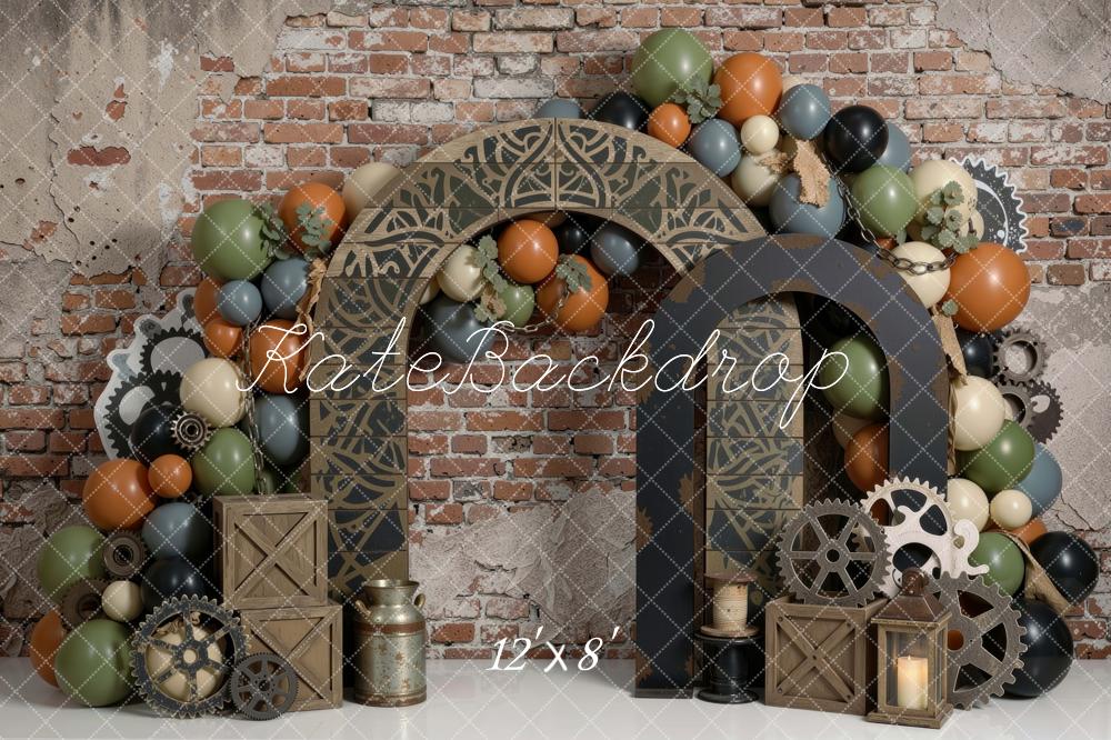 Kate Birthday Steampunk Arch Gears Balloons Brick Wall Boys Printed Backdrop Designed by Mini MakeBelieve