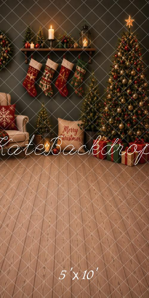Kate Sweep Christmas Fireplace Stockings And Tree Printed Backdrop Designed by Vertigo Productions