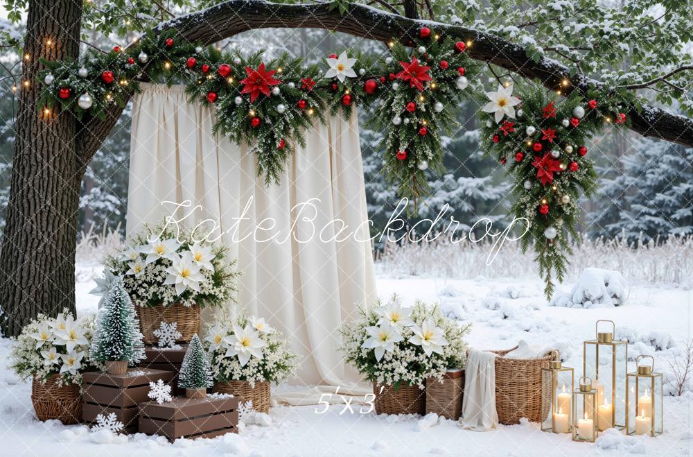 Kate Christmas Branch Arch Garland White Poinsettia Outdoor Snow Printed Backdrop Designed by Mini MakeBelieve