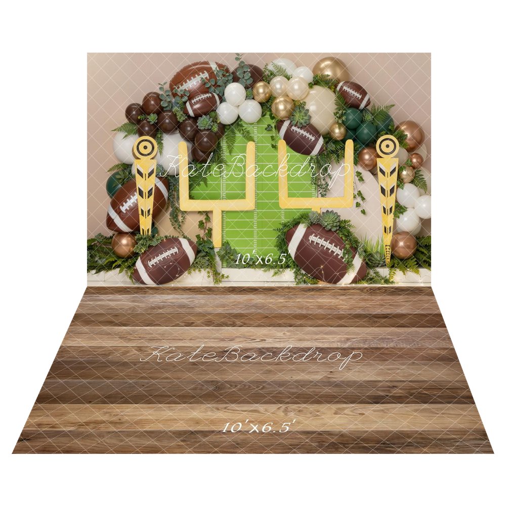 Kate Sports Football Field Goal Post Balloon Arch Backdrop+Brown Wood Plank Floor Backdrop