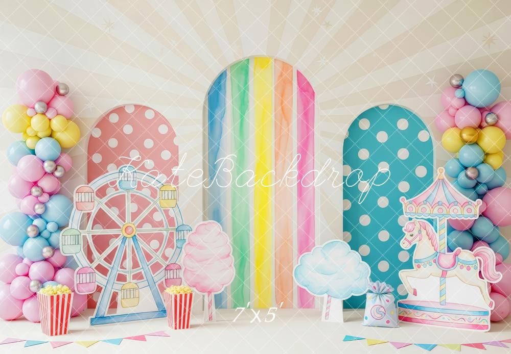 Kate Cake Smash Carnival Ferris Wheel Carousel Rainbow Balloons Backdrop Designed by Patty Roberts
