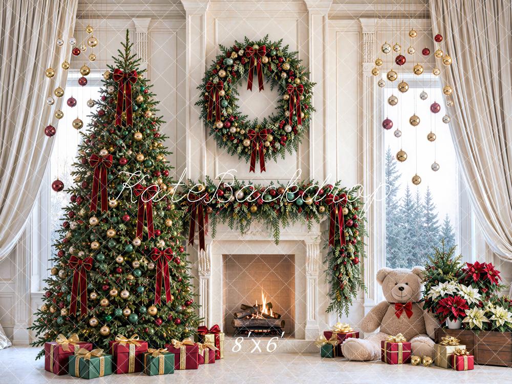 Kate Christmas Tree Wreath Fireplace Ornaments Printed Backdrop Designed by Mini MakeBelieve
