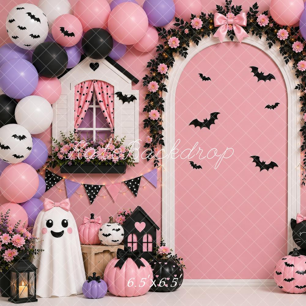 Kate Halloween Party Pink Balloon Floral Arch Cute Ghost Printed Backdrop Designed by Shutter Swan Studios