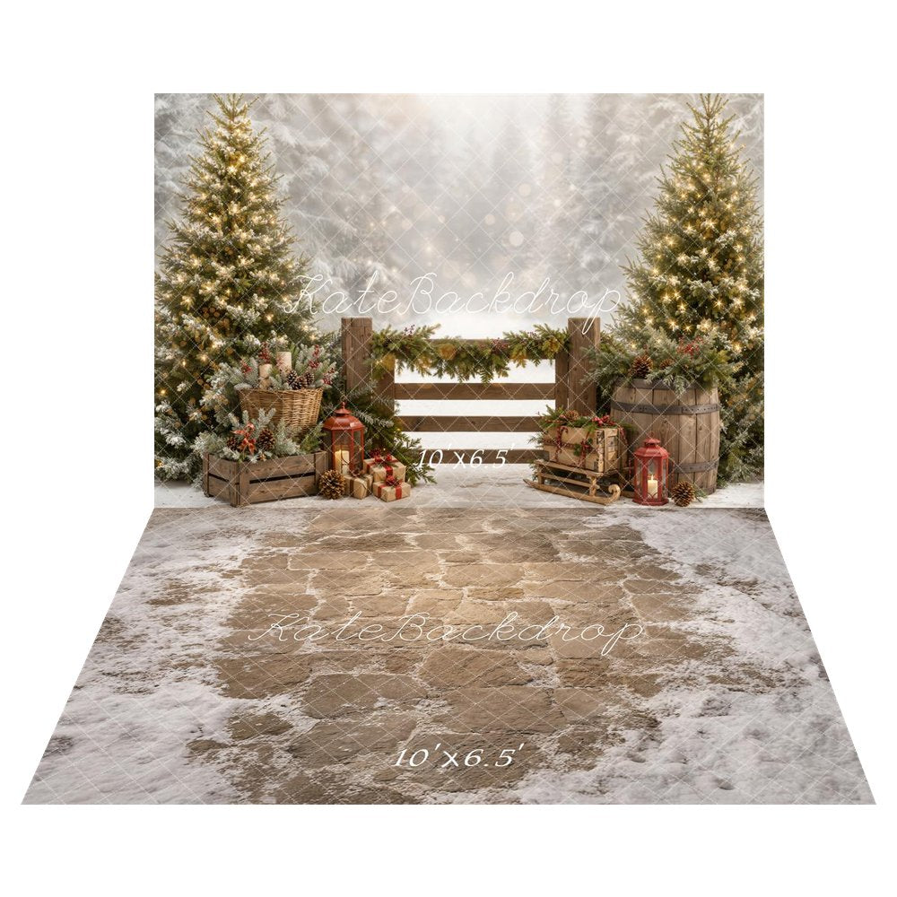 Kate Christmas Pine Trees Wooden Fence Garland Lantern Gifts Sled Printed Backdrop+Cobblestone Floor With Snow Printed Backdrop