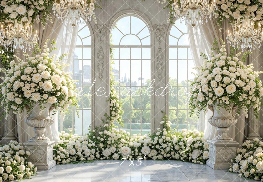 Kate White Flower Arch Elegant Window Chandelier Printed Backdrop Designed by Mini MakeBelieve