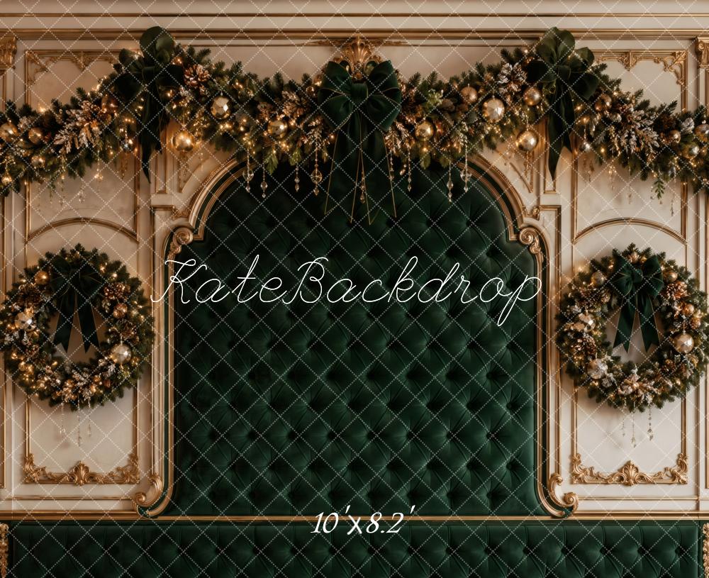 Kate Christmas Green Velvet Headboard Garland Wreaths Printed Backdrop Designed by Vertigo Productions