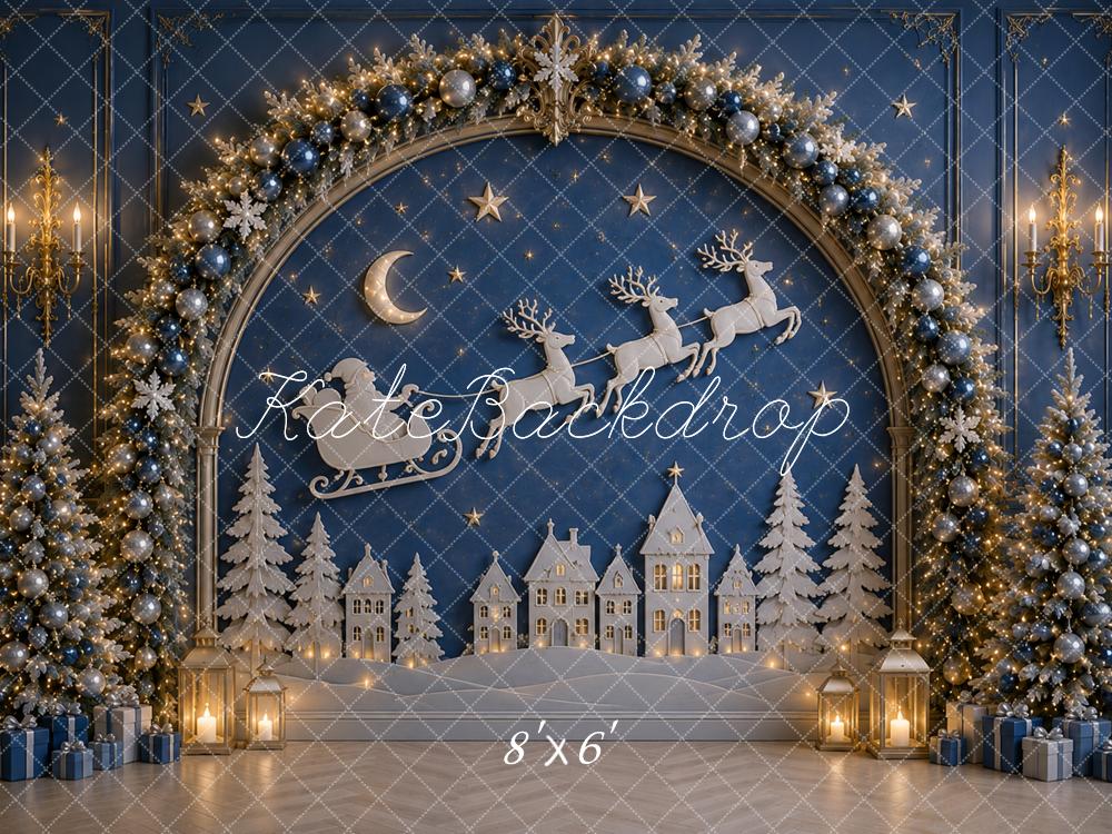 Kate Christmas Tree Blue Wall Snowy Village Sleigh Arch Printed Backdrop Designed by Caitlin Lynch