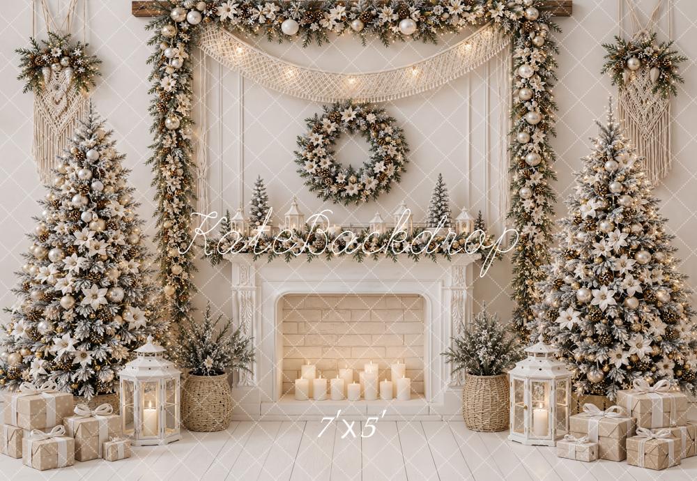 Kate Christmas Fireplace Boho Poinsettia Garland White Trees Gifts Printed Backdrop Designed by Emetselch