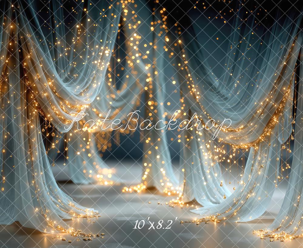 Kate Blue Drapes String Lights Printed Backdrop Designed by Mini MakeBelieve
