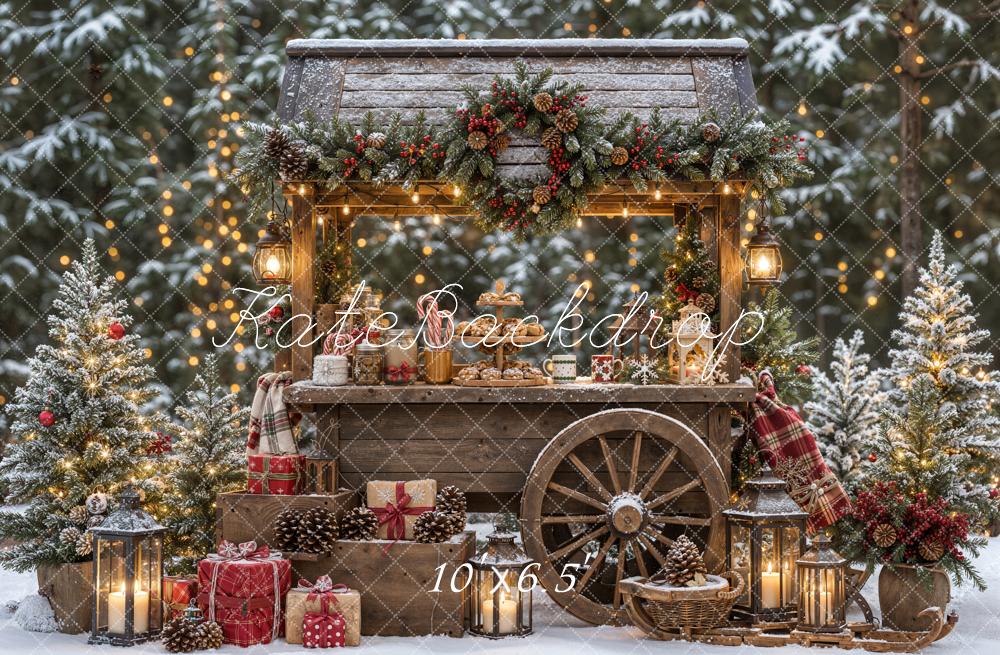 Kate Christmas Rustic Market Cart Snowy Forest Printed Backdrop Designed by Emetselch