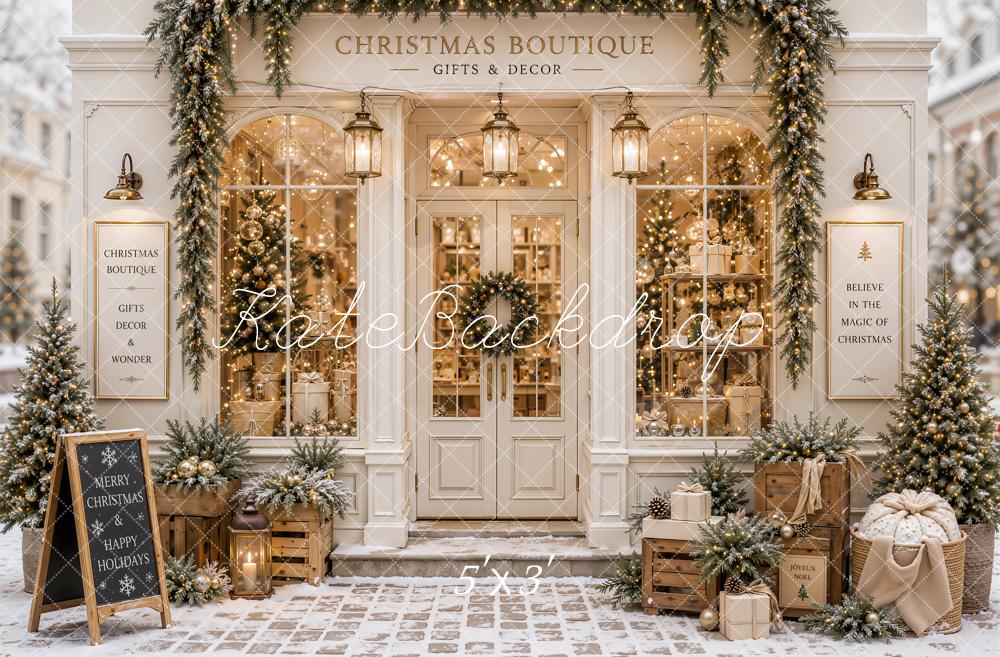 Kate Christmas Boutique Storefront Garland Gifts Printed Backdrop Designed by Emetselch