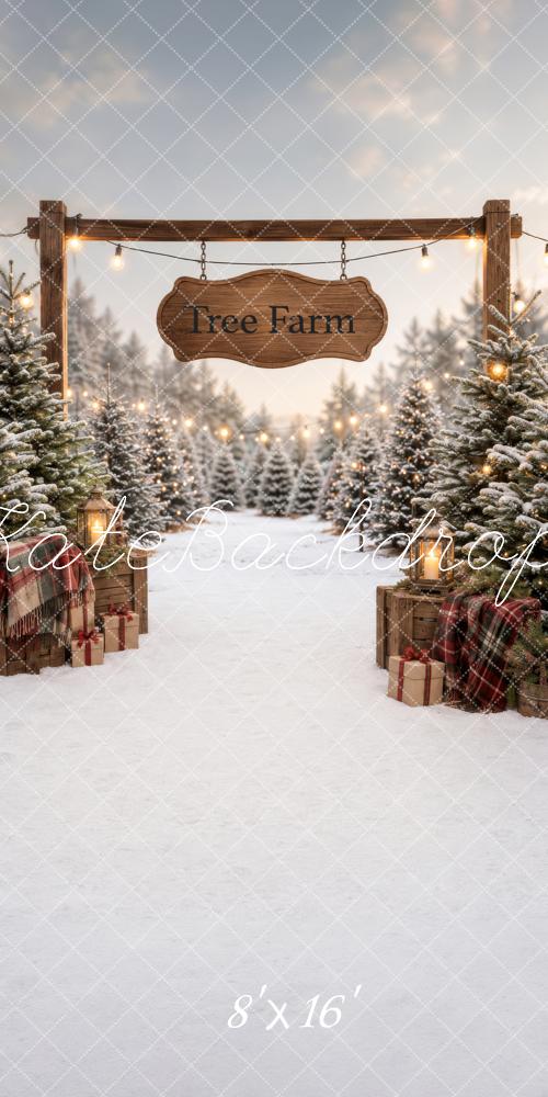 Kate Sweep Christmas Tree Farm Snowy Wood Arch Gifts Printed Backdrop Designed by Happy Squirrel Design