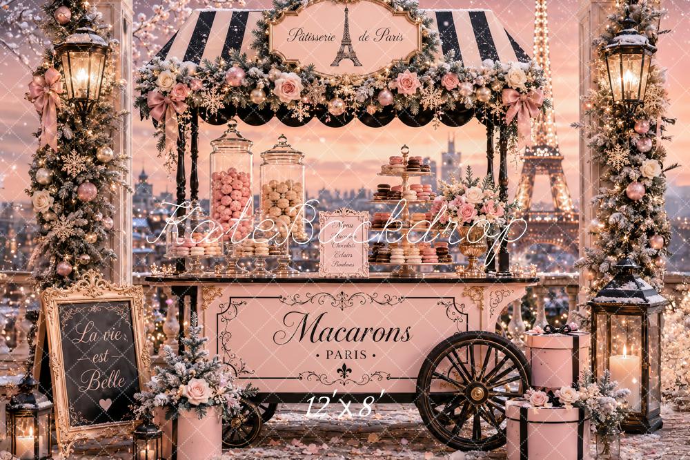 Kate Christmas Pink Paris Macaron Cart Lanterns Printed Backdrop Designed by Ashley Paul