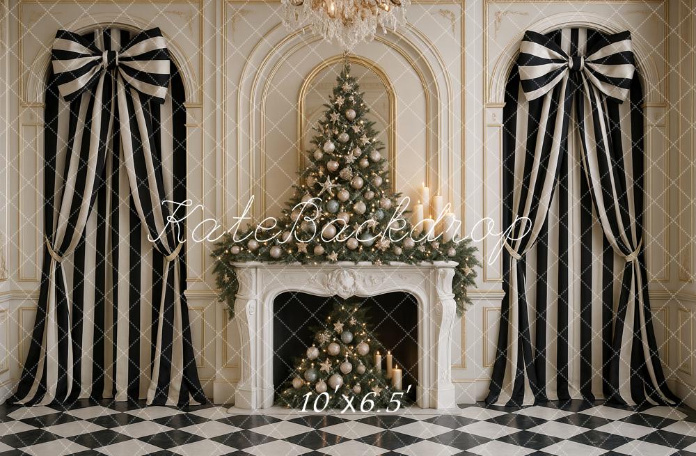 Kate Christmas Chic Black White Striped Bow Curtains Fireplace Backdrop Designed by Ashley Paul