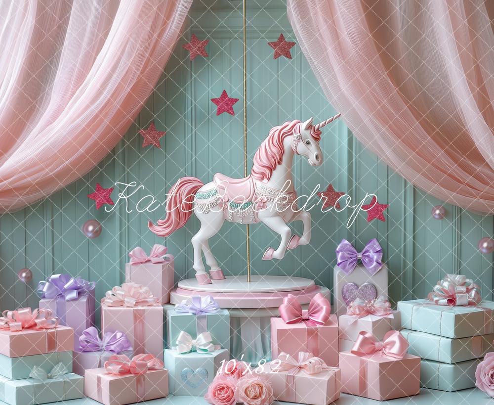 Kate Birthday Carousel Pink Curtains Gifts Floral Backdrop Designed by Mini MakeBelieve