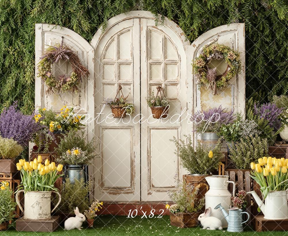 Kate Spring Flower Garden Rustic Door Wreaths Bunnies Printed Backdrop Designed by Emetselch