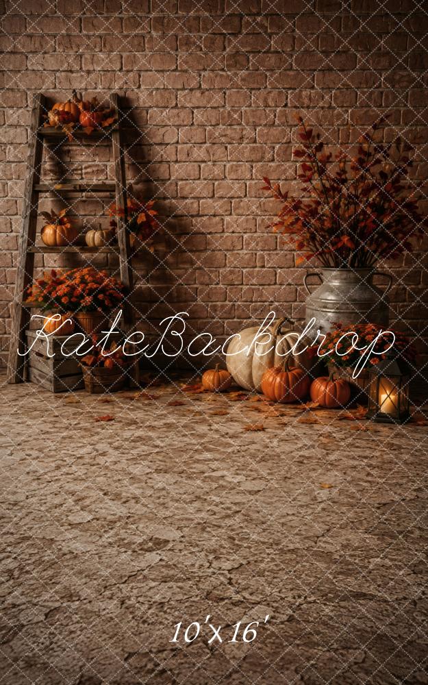 Kate Sweep Fall Pumpkins Brick Wall Ladder Leaves Printed Backdrop Designed by Vertigo Productions