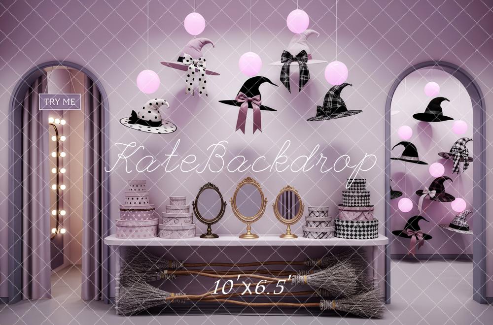 Kate Halloween Witch Hat Vanity Brooms Purple Backdrop Designed by Patty Roberts