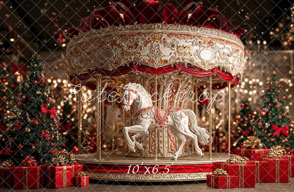 Kate Christmas Carousel White Horse Red Gifts Backdrop Designed by Emetselch