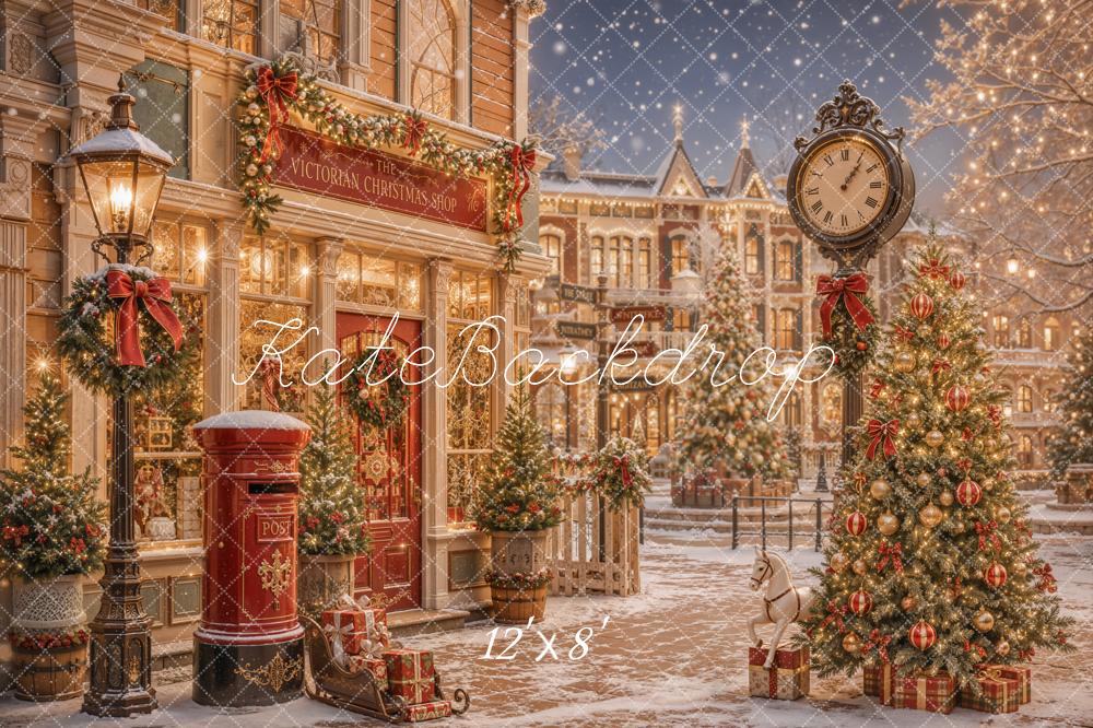 Kate Christmas Victorian Street Clock Lamp Post Christmas Tree Gifts Printed Backdrop Designed by Emetselch