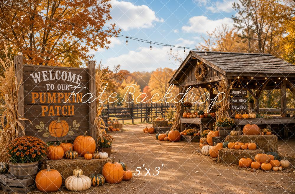 Kate Fall Orange Pumpkin Patch Farm Stand Printed Backdrop Designed by Emetselch