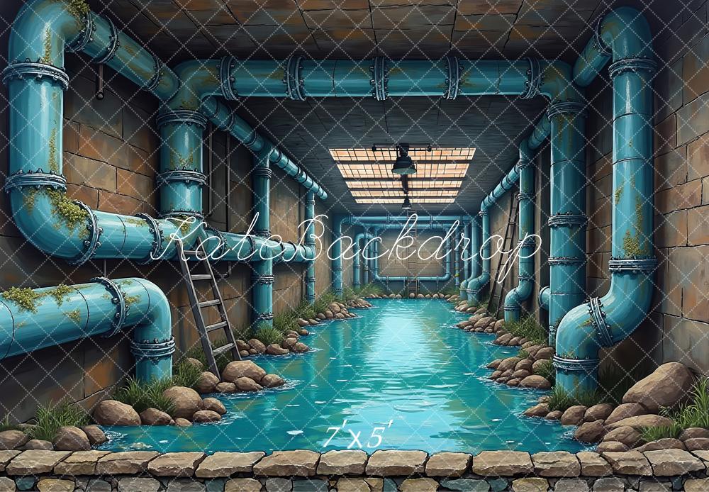 Kate Underground Water Tunnel Blue Pipes Printed Backdrop Designed by Laura Bybee