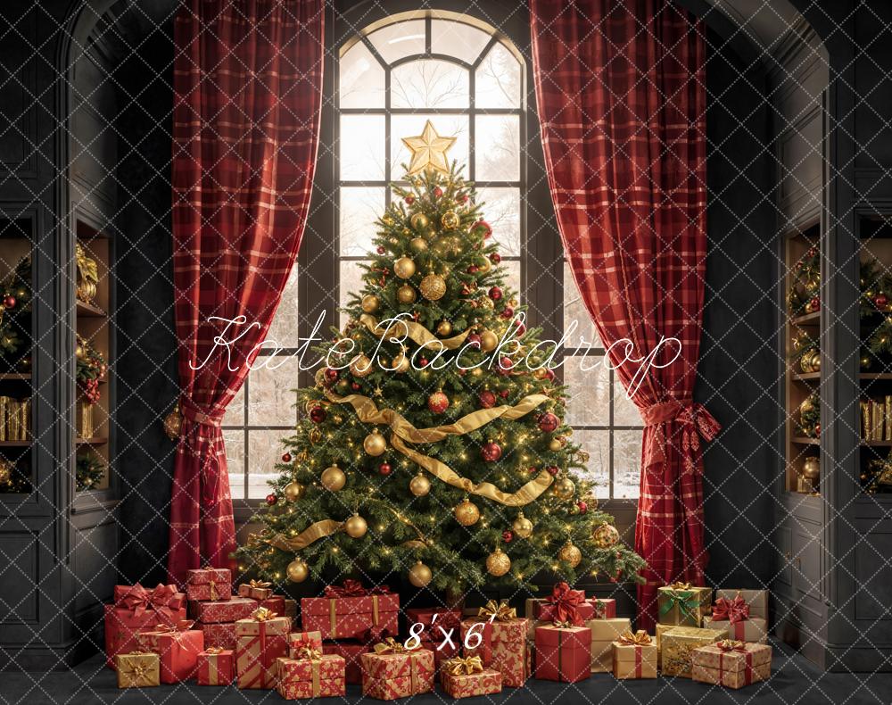 Kate Christmas Tree Red Plaid Curtains Window Gifts Backdrop Designed by Emetselch